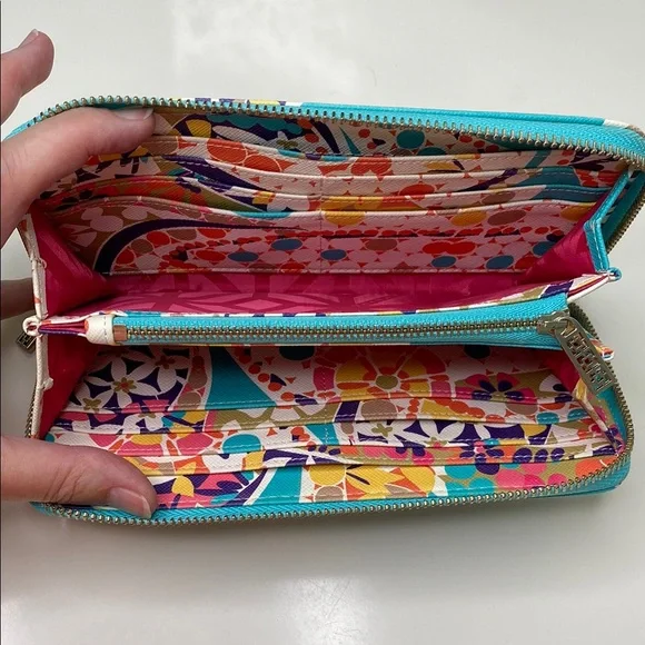 Trina Turk Zip Around Continental Vegan Wallet Colorful Geometric Turquoise - Picture 4 of 10